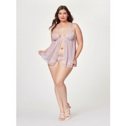Sheer Mesh & Lace Demi Cup Babydoll & Thong Lavender 1x/2x