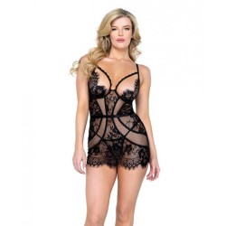 Femme Fatale Scalloped Eyelash Lace & Mesh  Chemise & Thong Black Xl