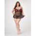 Satin & Lace Halter Demi Cup Babydoll & Thong Black/wine 1x/2x